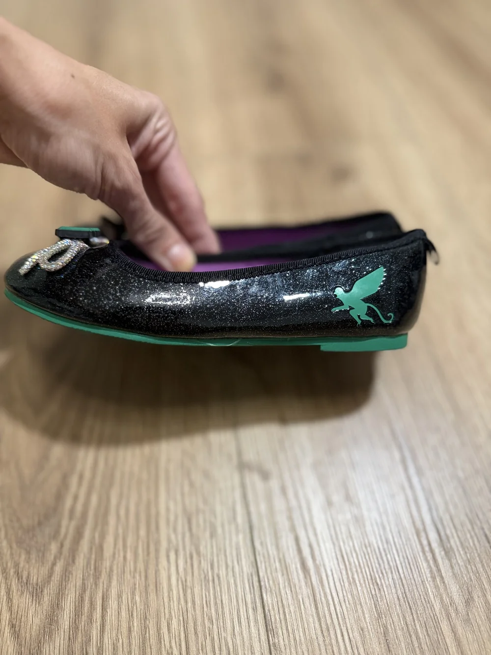 Black Glitter Ballet Flats with Purple Insole and Green Trim